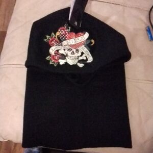 Ed Hardy Black Scarf with Skull and Rose Design